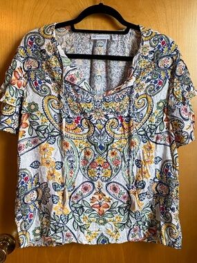 Rafaella Paisley Floral Blouse XL Short Sleeve Textured Boho Top Multicolor